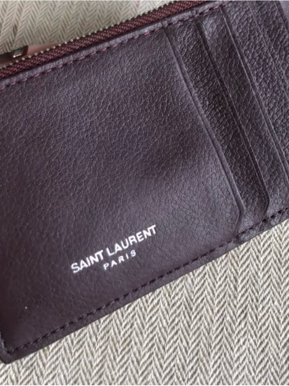 Saint Laurent Card Holder in Plum Leather with White Logo